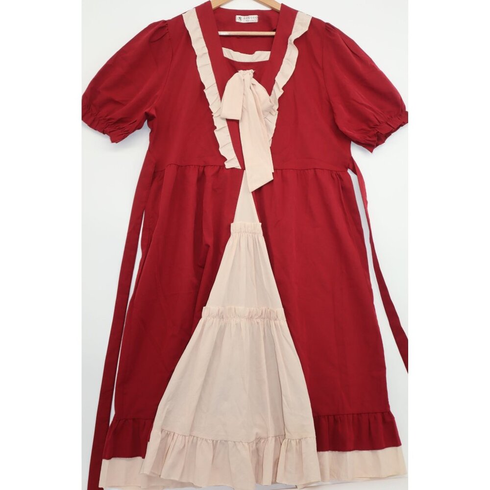 Vintage-Style Lolita Dress With Bow Collar & Ruffled Trim Red & Cream Cotton